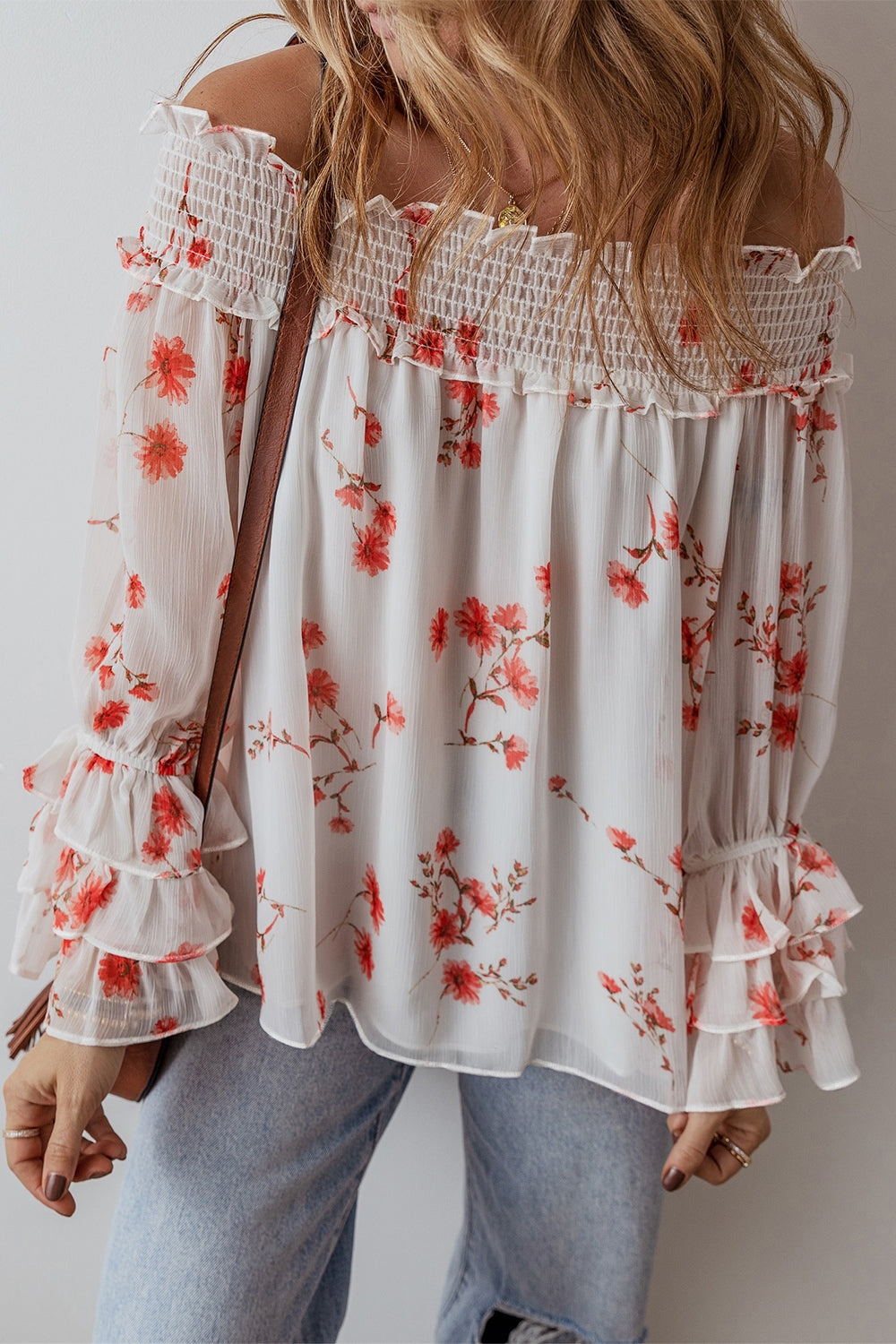 Smocked Floral Off-Shoulder Flounce Sleeve Blouse