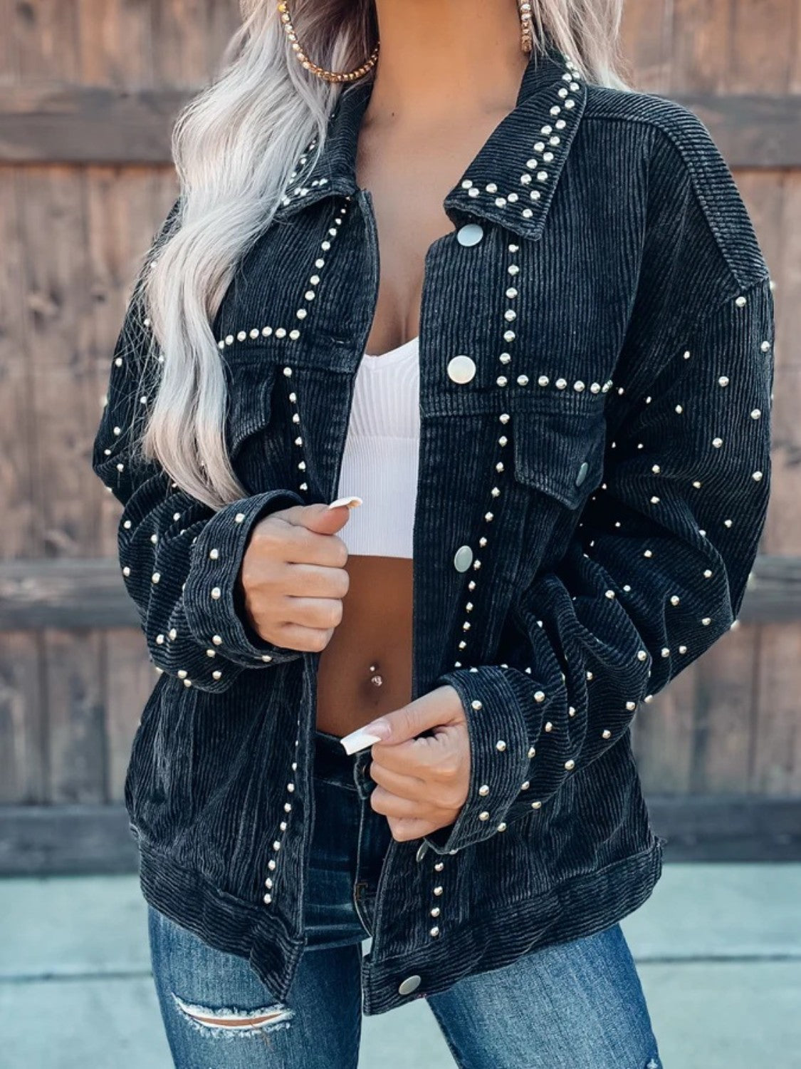 Studded Collared Neck Button Down Jacket