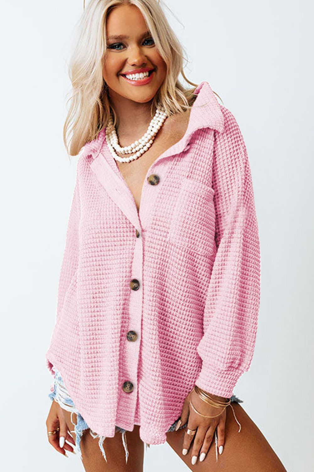 Waffle-Knit Collared Neck Long Sleeve Shirt